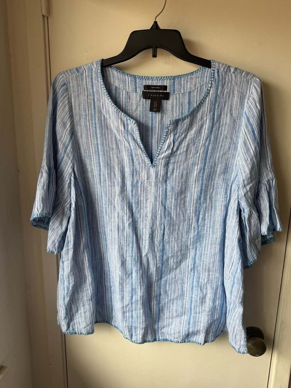 Tahari Striped Linen Blouse Size 1X Blue White Pop-Over Short Sleeve Top